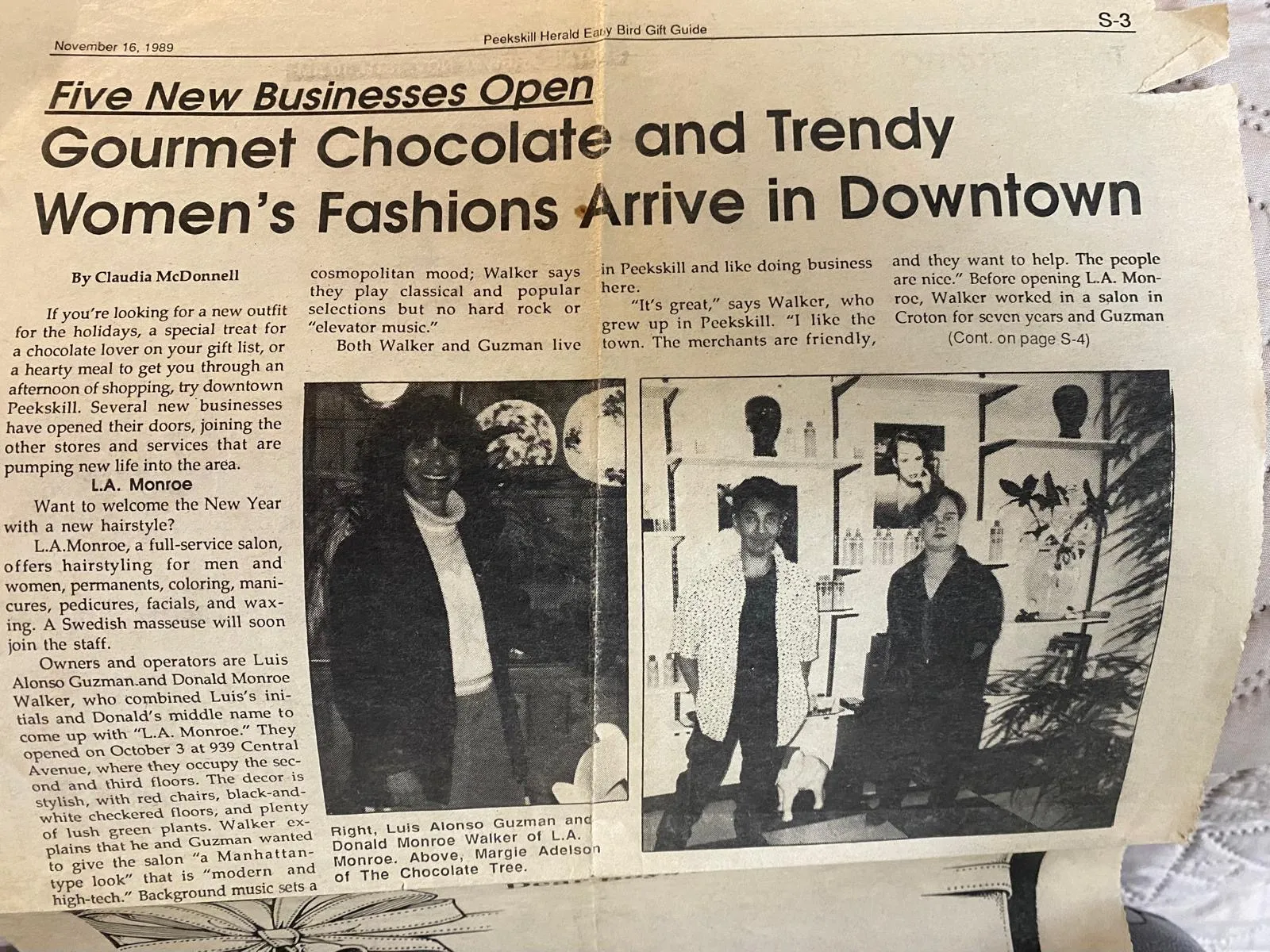 Archival 1989 Peekskill Herald newspaper clipping featuring L.A. Monroe founders Luis Guzman and Donald Walker at their new salon