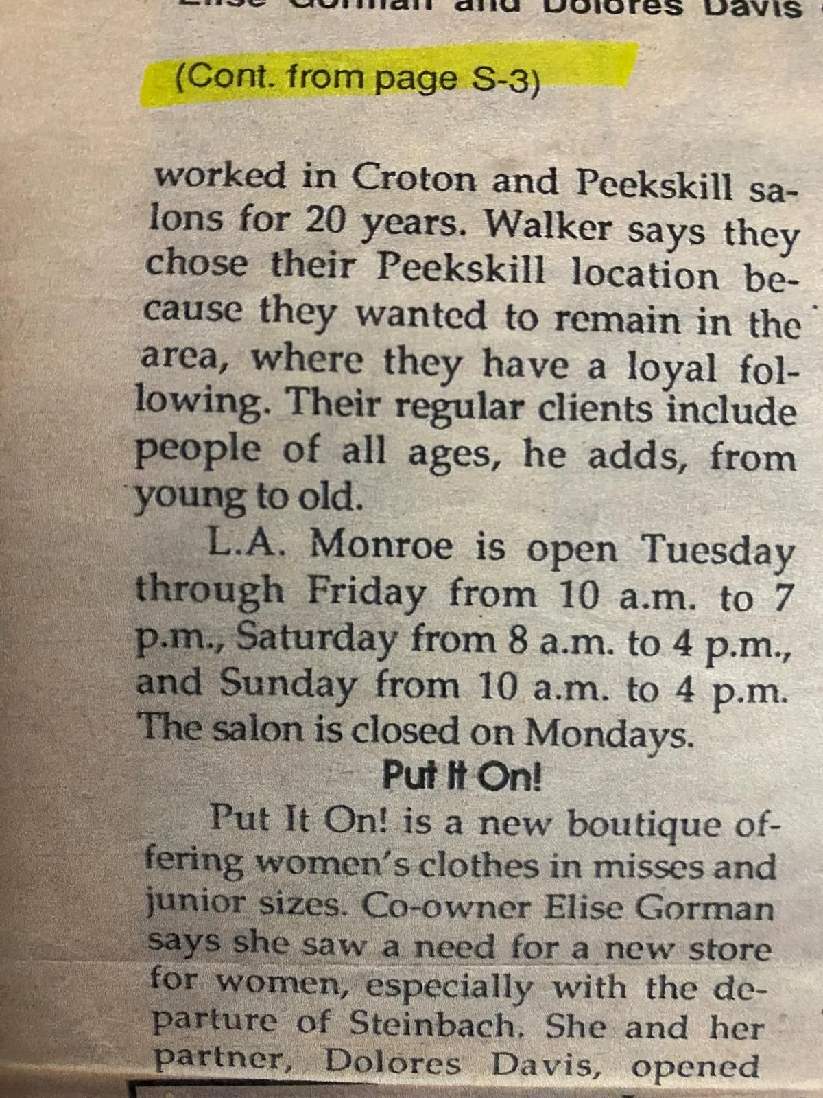 Continuation of the archival 1989 newspaper feature on L.A. Monroe describing the salon's services and hours