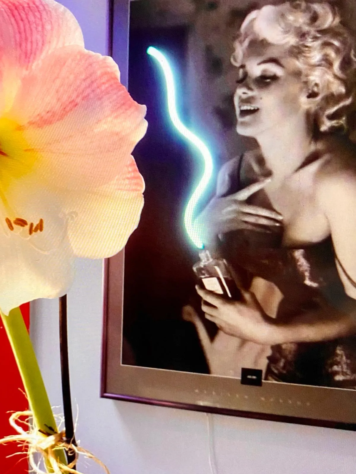 Framed black-and-white Marilyn Monroe artwork on the salon wall with a pink amaryllis bloom in the foreground